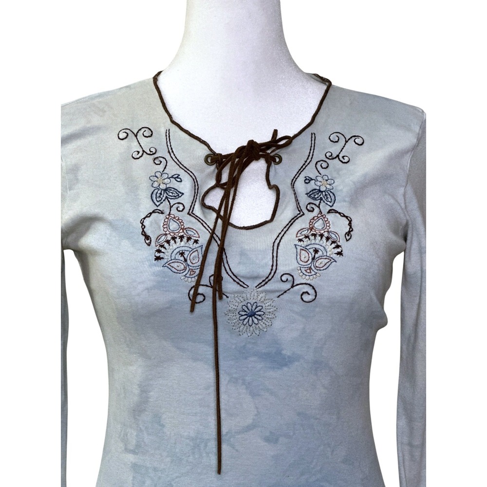 Rave Top Women Small Blue Tie Dye Embroidered Lace Up Y2K Boho Long Sleeve